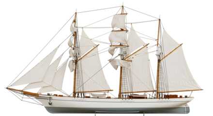 Detailed scale model of a classic sailing ship with white sails and wooden masts isolated on a transparent background