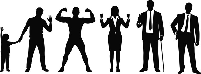 Silhouette people set, diverse human poses, business and family figures illustration, standing characters vector, professional and casual person icons
