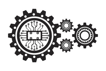 Black gear wheels showcase central circuit board alongside traditional cog designs on a white background