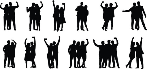 Silhouettes of dancing and celebrating people in pairs, black human figures, joyful interaction poses, friendship and unity illustration