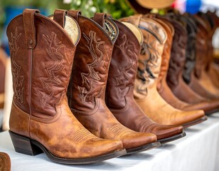 Close-up of a row of colorful, well-worn leather boots