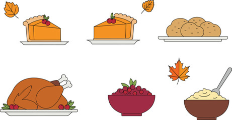 Thanksgiving food illustration with turkey, pumpkin pie, mashed potatoes, dinner rolls, autumn leaves, festive holiday meal concept