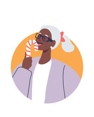 Elderly woman licking candy cane