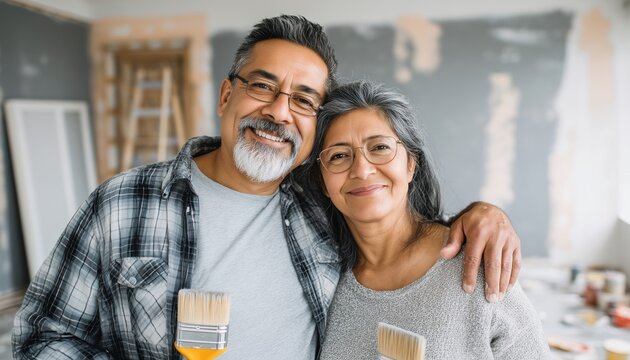 Middle-Aged Hispanic Couple Find Joy In Home Renovation, Demonstrating Love And Teamwork As They Paint Together In Living Room. Smiling And Embracing Indoors.