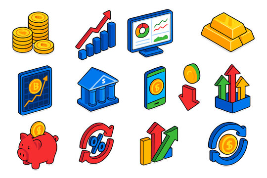 Financial Growth Icons. Isometric vector illustration set Financial Growth: coins stack, rising arrow chart, investment portfolio