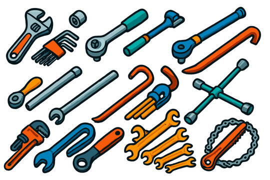 Colorful Tool Icons. Isometric vector illustration set Tools: adjustable wrench, socket wrench, torque wrench, Allen key set,