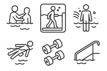 Aquatic Physiotherapy Icons. Line style icons of aquatic physiotherapy: pool therapy session, underwater treadmill, resistance
