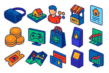 Metaverse Icon Set. Isometric vector illustration set Metaverse and Virtual Economy: VR headset icon, virtual land plot, avatar