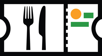 Meal voucher illustration with fork and knife symbol, abstract food shapes, dining coupon concept, food event ticket design