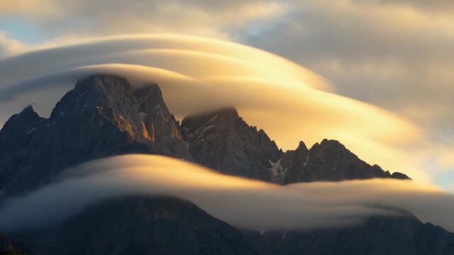 Clouds rolling over mountain summit in dramatic time-lapse motion. The camera captures a majestic mountain peak as fast-moving clouds flow over and around its jagged summit. The clouds form dramatic l
