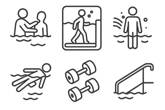 Aquatic Physiotherapy Icons. Line style icons of aquatic physiotherapy: pool therapy session, underwater treadmill, resistance