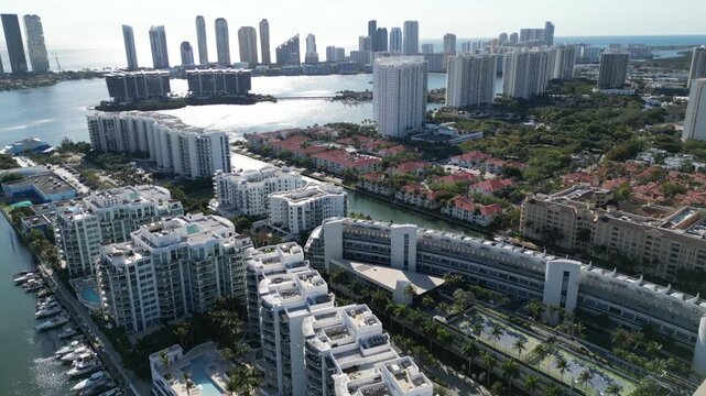 Aerial view of Aventura, Miami, showcasing residential high-rise buildings, waterfront neighborhoods, and multiple interconnected bays. The scene captures the blend of modern architecture, marinas