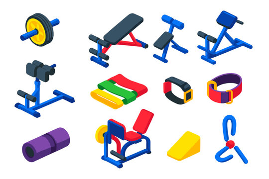 Fitness Essentials Icons. Isometric vector illustration set Fitness and Workout Essentials: ab roller, sit-up bench, back