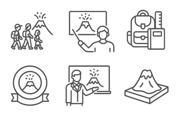 Volcano Education Icons. Line style icons of volcanology: student field trip, volcano education icon, school kit, youth science