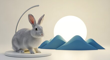 Cute bunny rabbit sits beside a glowing egg shaped lamp and blue mountains