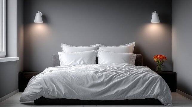 A bed with white sheets and pillows is in a room with a window. The bed is the main focus of the image, and the room appears to be clean and well-organized