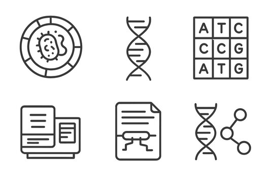 Microbiology Line Icons. Line style icons of microbiology: microbial genome map, base pair icon, ATGC chart, sequencing platform,