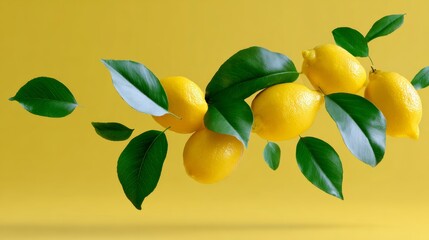 Obraz premium A bunch of lemons with green leaves on top. The lemons are ripe and juicy, and the leaves are fresh and vibrant. Concept of abundance and freshness