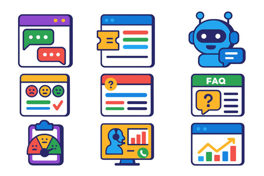 Customer Support Icons. Isometric vector illustration set Customer Support Platforms: live chat window, ticketing system, chatbot