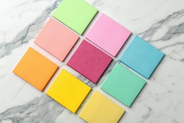 Colorful sticky notes on marble background for office and school supply