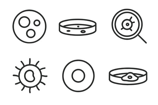Stem Cell Icons. Line style icons of stem cell research: stem cell symbol, cell culture dish, microscopic cell icon, regenerative