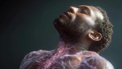Conceptual video showing the nervous system and electrical impulses in a man's body. Metaphor for human energy, life force, chi, neural networks, and the power of the human mind