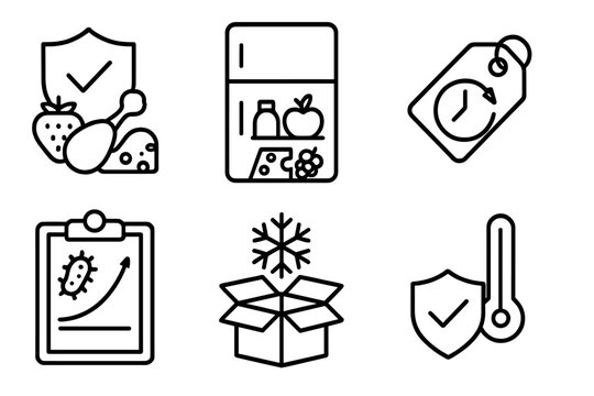 Nutrition Safety Icons. Line style icons of nutrition science: food safety and storage, refrigerator with food icon, expiration