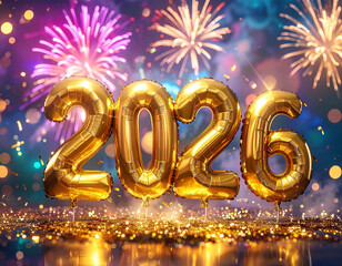 Celebrate New Year's Eve 2026 with a dazzling gold balloon backdrop and festive fireworks