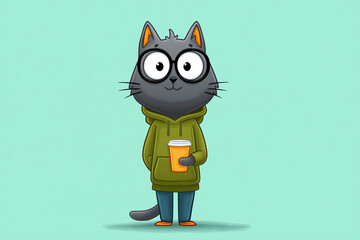 Cartoon illustration of a cute gray cat wearing glasses and a green hoodie, holding a coffee cup, standing against a light teal background, showcasing a playful and trendy character