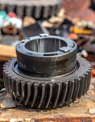 Close-up of a rusted metallic gear, focus on the top and its surroundings