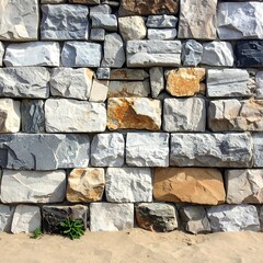 Close-up of a rugged stone wall with various shades and sand