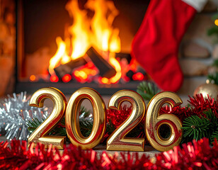 Cozy holiday setup with gold digits and a warm fireplace for New Year 2026 celebration