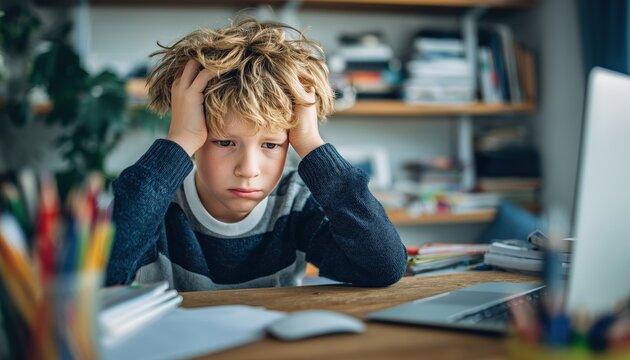 7-9 Year Old Boy Struggling With Concentration Issues And Learning Difficulties Due To Digital Overload And Cognitive Challenges Like Adhd And Autism.