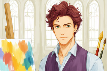 Young male artist with curly hair wearing a vest stands beside a colorful canvas in a bright studio, showcasing creativity and artistic expression in a vibrant environment