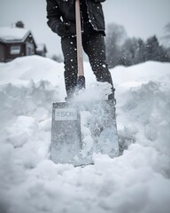Snow shovel winter clears a snowy residential driveway