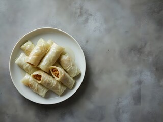 Food cabbage rolls sit ready on a white plate