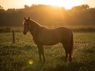 Horse sunset field stands peacefully in warm evening light