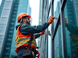 Worker construction facade performs maintenance on a glass highrise