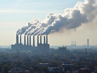 Pollution industry smokestacks dominate an industrial cityscape
