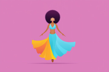 African American woman in vibrant dress dancing gracefully against a pink background, showcasing movement and joy in a colorful illustration celebrating cultural expression