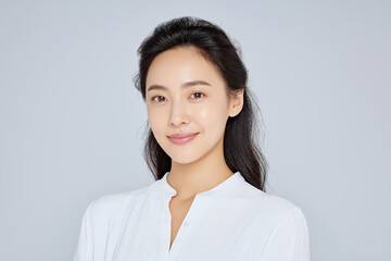 Asian woman with long dark hair, wearing a white blouse, smiling confidently against a soft gray background, embodying beauty and professionalism in a portrait setting