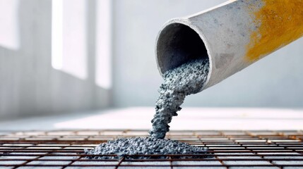 A cement pipe is pouring gray cement onto a metal grate. The cement is flowing out of the pipe and onto the grate, creating a messy and chaotic scene. Concept of disorder and disarray