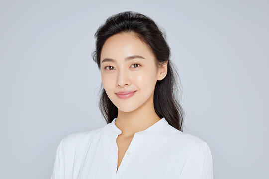 Asian woman with long dark hair, wearing a white blouse, smiling confidently against a soft gray background, embodying beauty and professionalism in a portrait setting