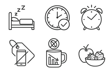 Sleep Therapy Icons. Line style icons of sleep therapy: sleep hygiene, regular bedtime clock, consistent wake time icon, digital