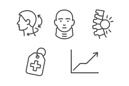Chiropractic Care Icons. Line style icons of chiropractic care: whiplash and injury recovery, head whip motion symbol, neck brace - Powered by Adobe