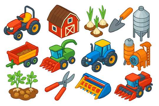Agriculture Icons Set. Isometric vector illustration set agriculture: compact orchard tractor, rustic barn, garlic plants, trowel,