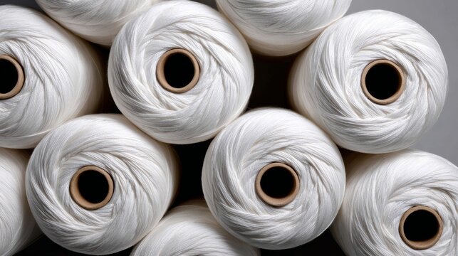 A large pile of white yarn is displayed in a close-up view. The yarn is tightly wound and he is in a bundle, possibly for knitting or crocheting purposes