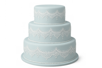 Wedding cake with blue icing and white lace decorations, celebrating a special event, transparent background