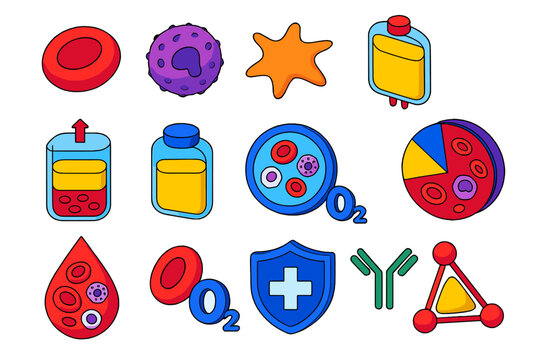 Blood Components Icons. Isometric vector illustration set Blood Components: red blood cell icon, white blood cell icon, platelet