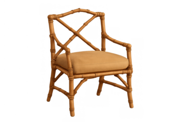 Wicker bamboo armchair featuring a chinoiserie style back and light brown cushion, showcasing vintage furniture design. Transparent background